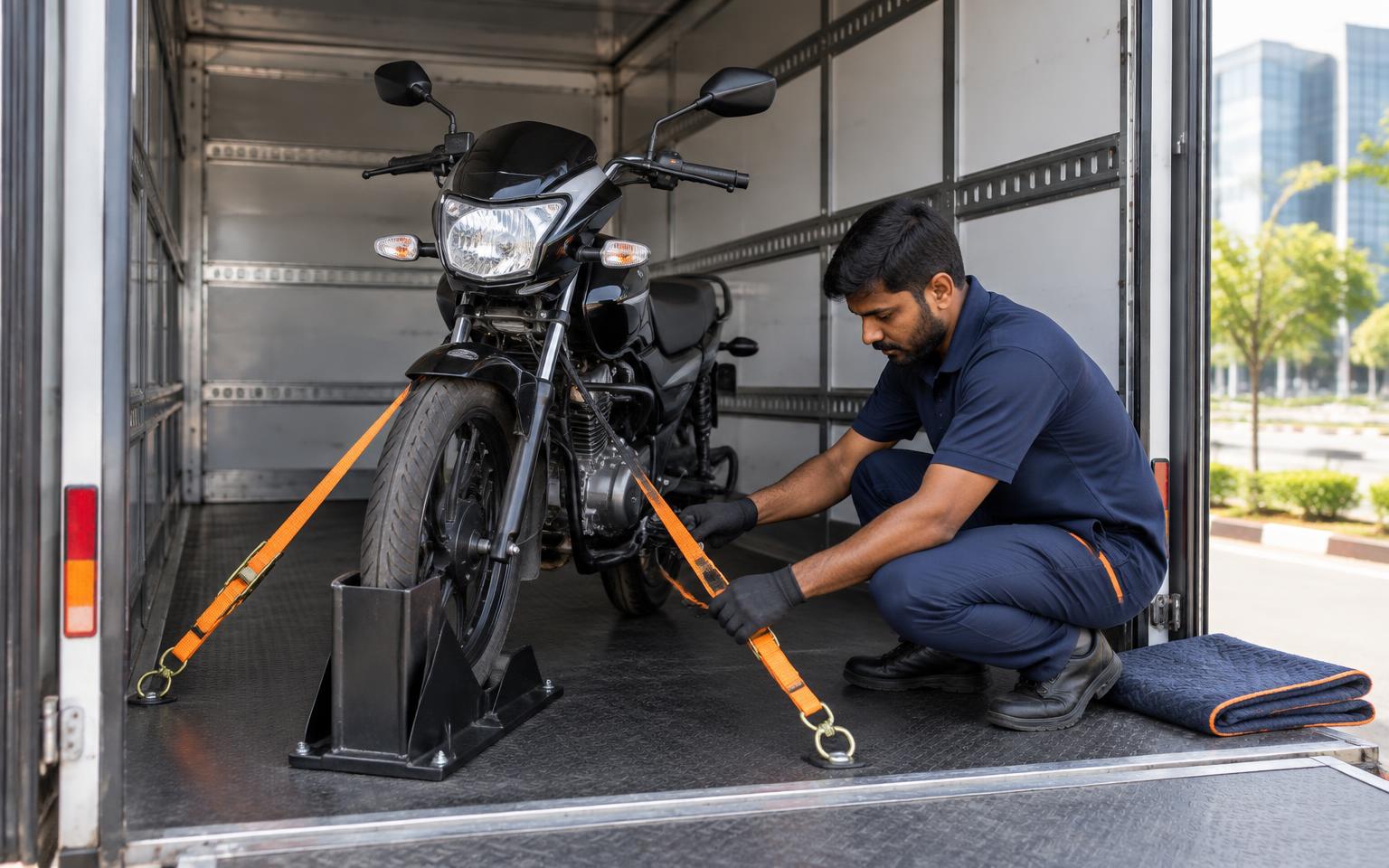 Professional mover securing a motorcycle inside an enclosed transport truck