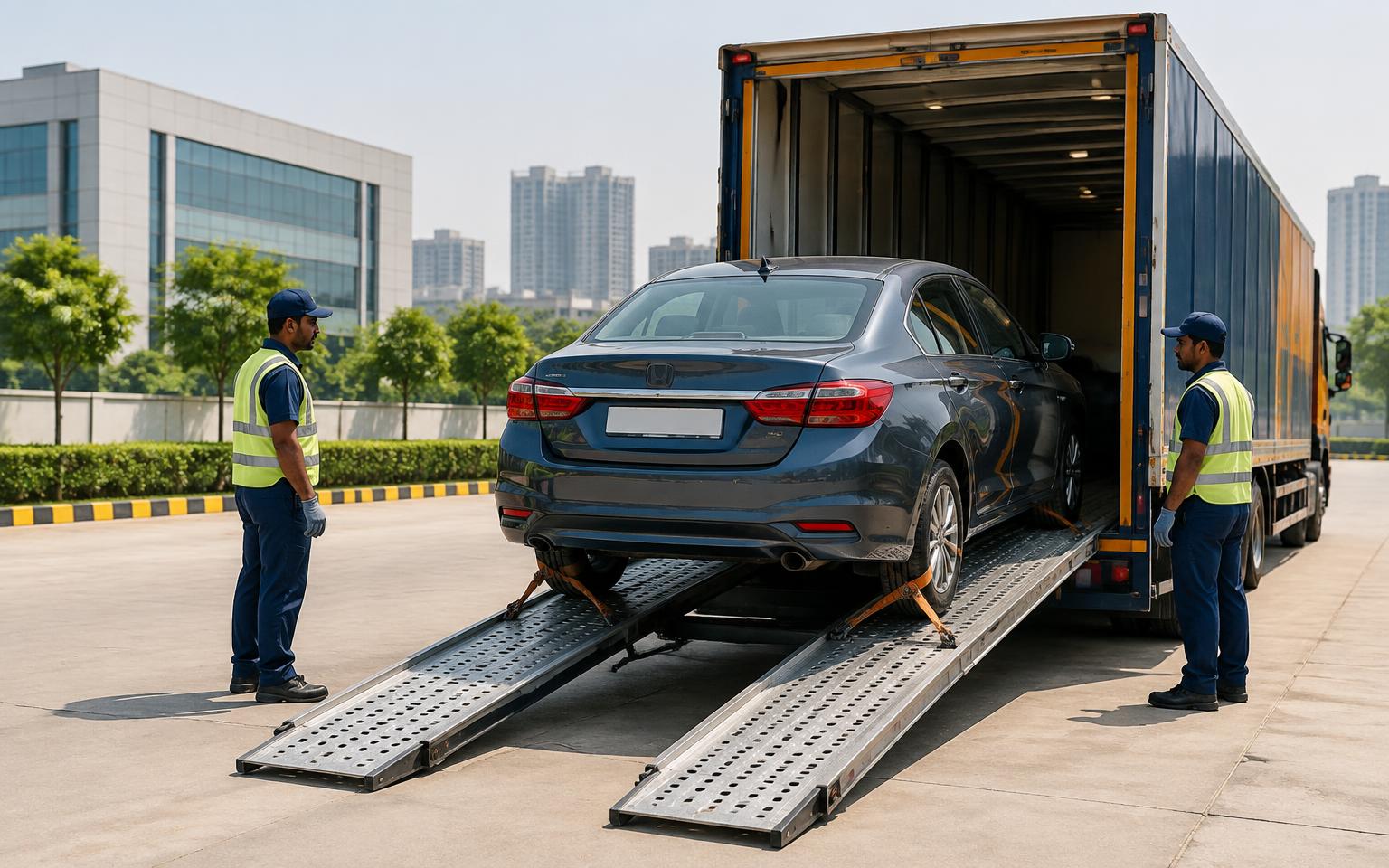 Professional movers loading a car onto a secured vehicle carrier