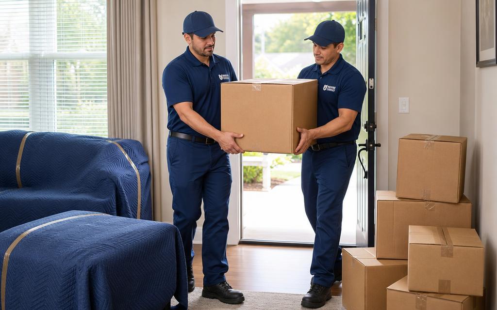 Movers carefully carrying wrapped furniture out of a home