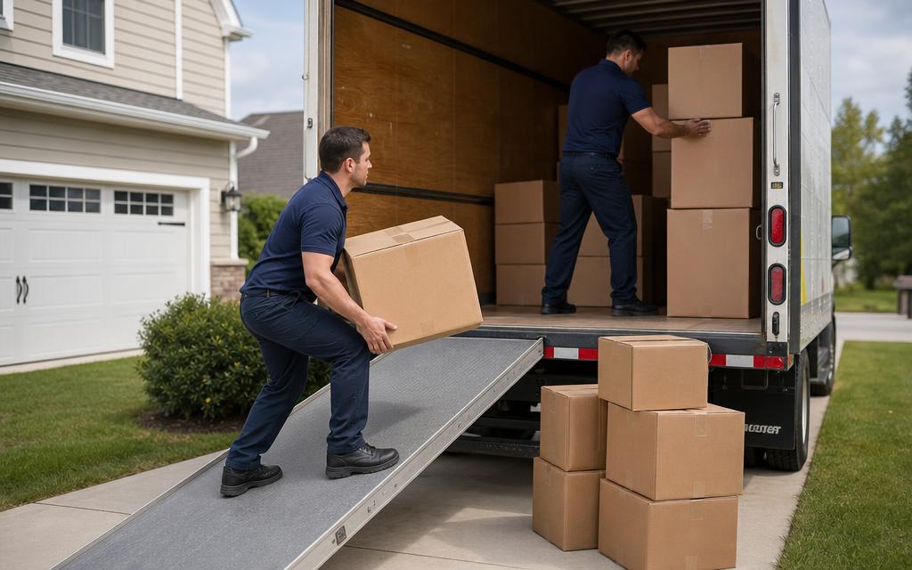 Workers loading stacked cartons into a moving truck