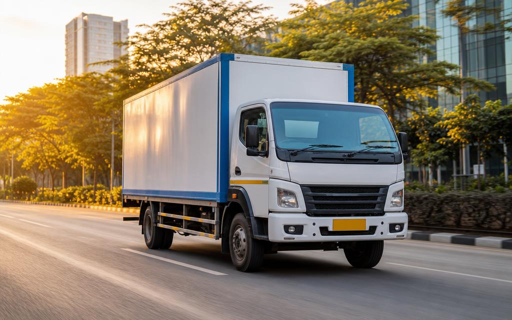 Moving truck driving on a Gurugram city road