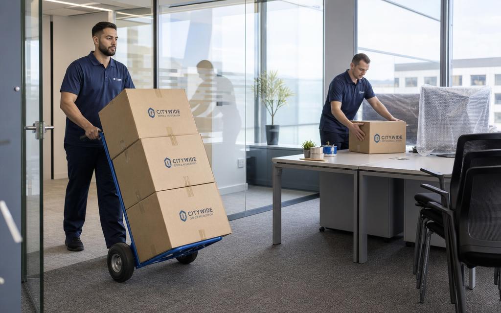 Team packing office computers and files into labelled cartons