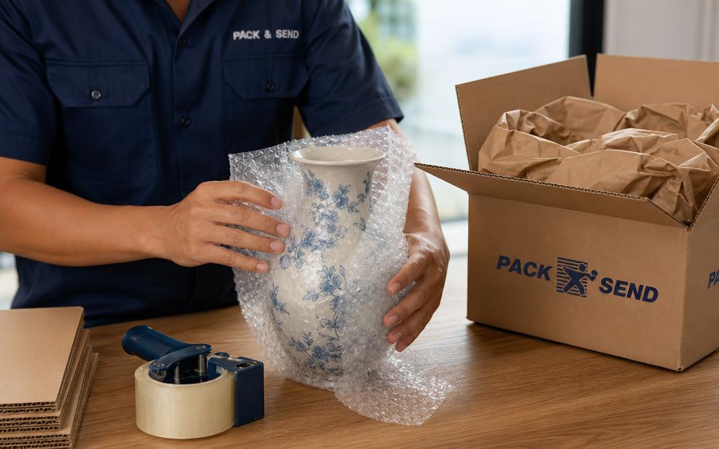 Fragile item being wrapped in bubble wrap beside cartons